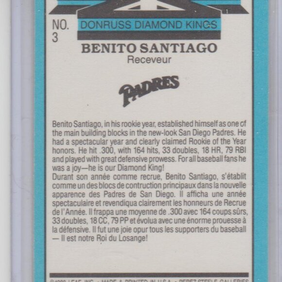 RARE & Vintage Benito Santiago 1988 Donruss Diamond Kings Collectible Card - Picture 2 of 2